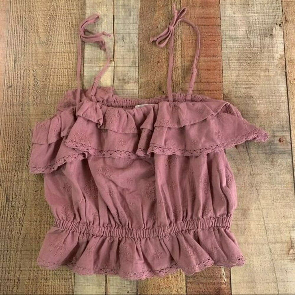 American Eagle Outfitters Women Size M Pink Ruffled Crop Cami Top Linen Cotton